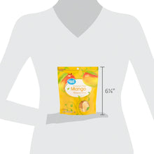 Sweetened dried mango pouch size shown on person silhouette, 6 1/4-inch