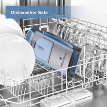 Blue mandoline slicer resting in a dishwasher rack
