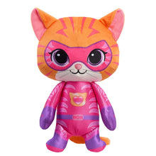 15-inch plush cat toy standing upright, orange head with pink mask, purple legs