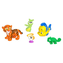 Small friend toy figures: tiger, frog, fish, small figure, and green lizard