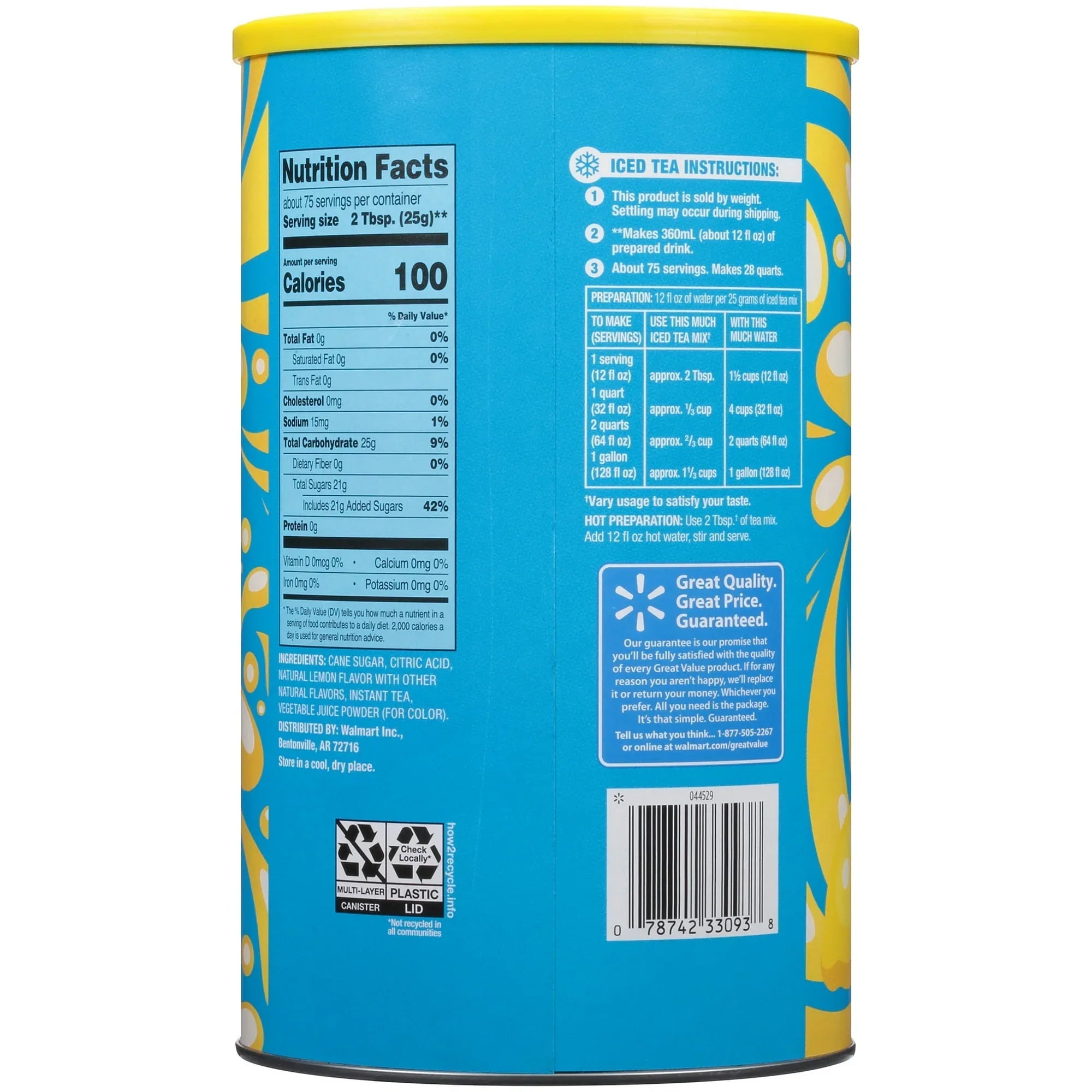 Great Value Natural Lemon Flavor Iced Tea Drink Mix, 66.1 oz