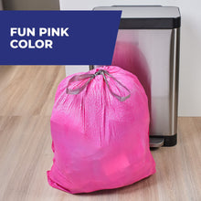 Pink drawstring trash bag with tied closure