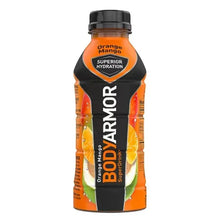 Sports drink bottle, orange mango flavor with black cap and BODYARMOR label