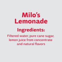 Lemonade ingredients panel: filtered water, cane sugar, lemon juice from concentrate