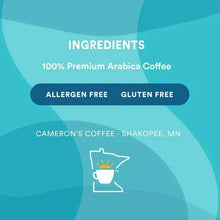 Coffee pod box panel listing 100% premium Arabica coffee, allergen-free, gluten free