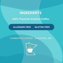 Coffee pod ingredients panel: 100% premium arabica coffee, allergen free, gluten free