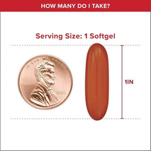 Serving size panel showing 1 softgel with capsule drawing and coin size marker