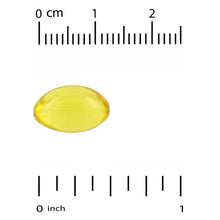 Vitamin D3 softgel, yellow capsule with size guide markings and ruler scale