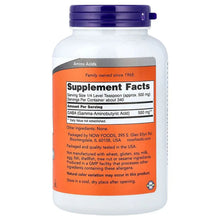 NOW GABA pure powder bottle back label with Supplement Facts table.