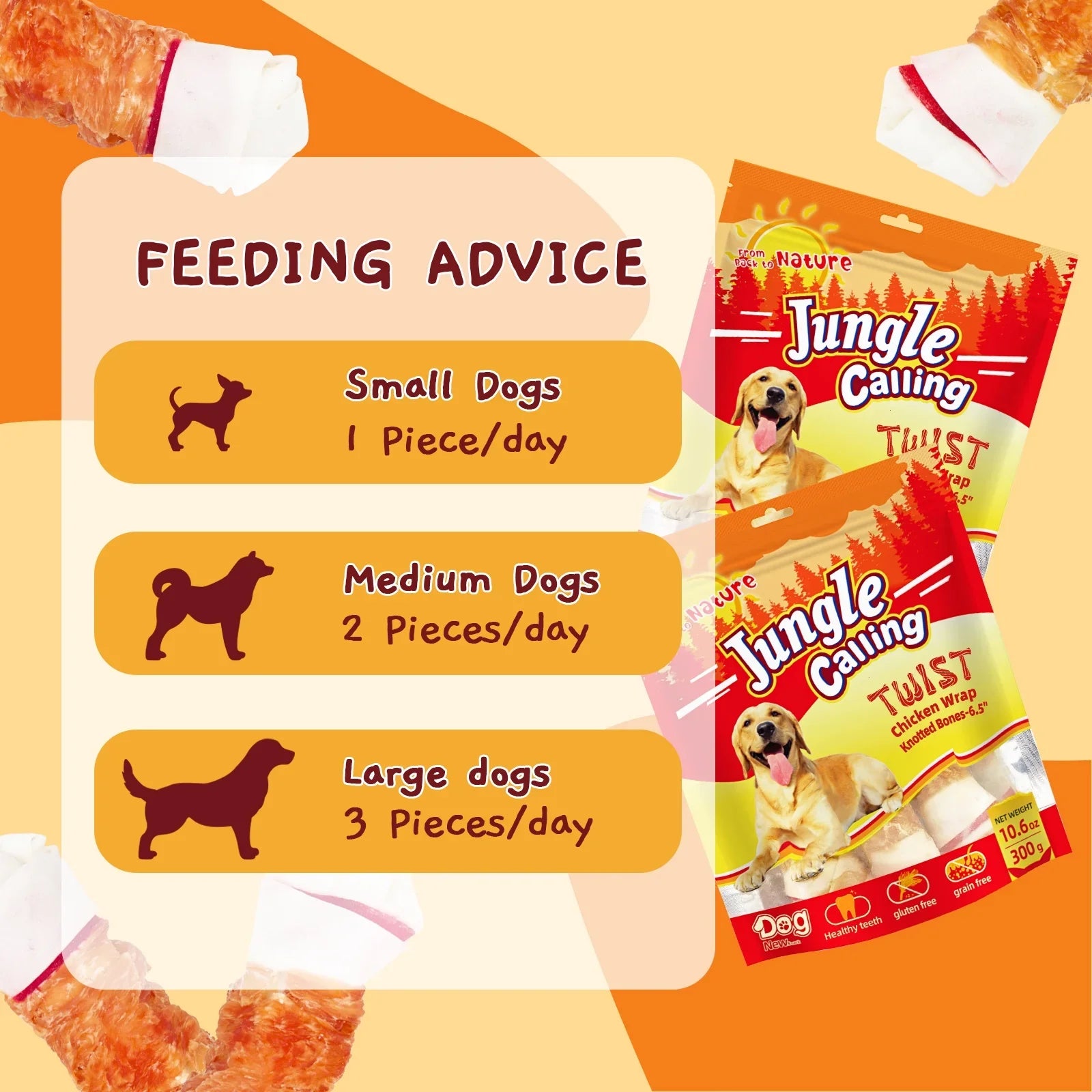 Jungle Calling Chicken Wrap Knotted Bones Dog Chews, Long Lasting for Large Dogs Training Treats