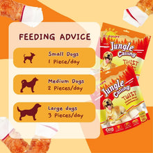 Chicken wrap knotted bone dog chew package beside a knotted white-and-orange chew