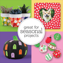 Seasonal craft paint samples: painted pumpkins and ornament decorations