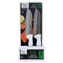 Santoku knife set with two knives in box, white handles and gray serrated blades