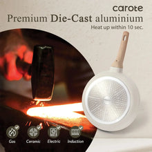 White nonstick skillet with wood handle, shown near a heating flame