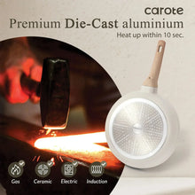 White nonstick skillet with wooden handle and perforated base shown near flame