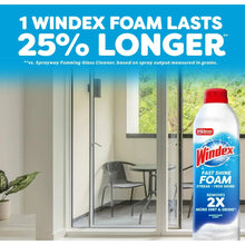 Windex Fast Shine Foam glass cleaner aerosol bottle near windows, red cap and blue label.