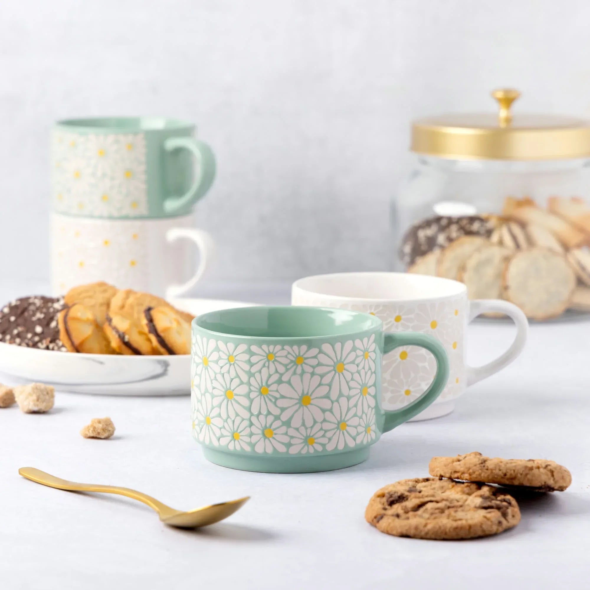 Thyme & Table 11.1 fl oz White and Green Floral Stoneware Stacking Mugs with Wire Rack, Set of 4