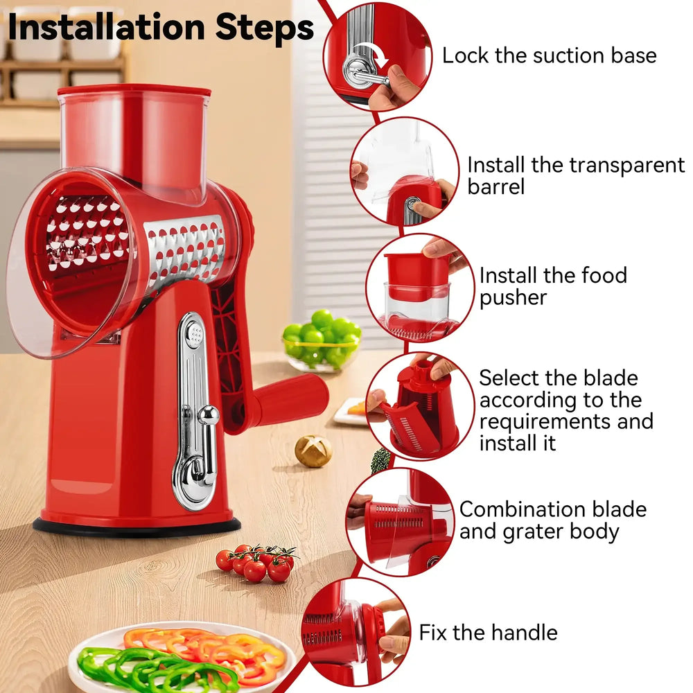 Pukomc Rotary Cheese Grater with Handle- 5 Blades, Suction Base, Mandoline Slicer & Veg Shredder with Blade Storage Box - USA MEGA SHOP