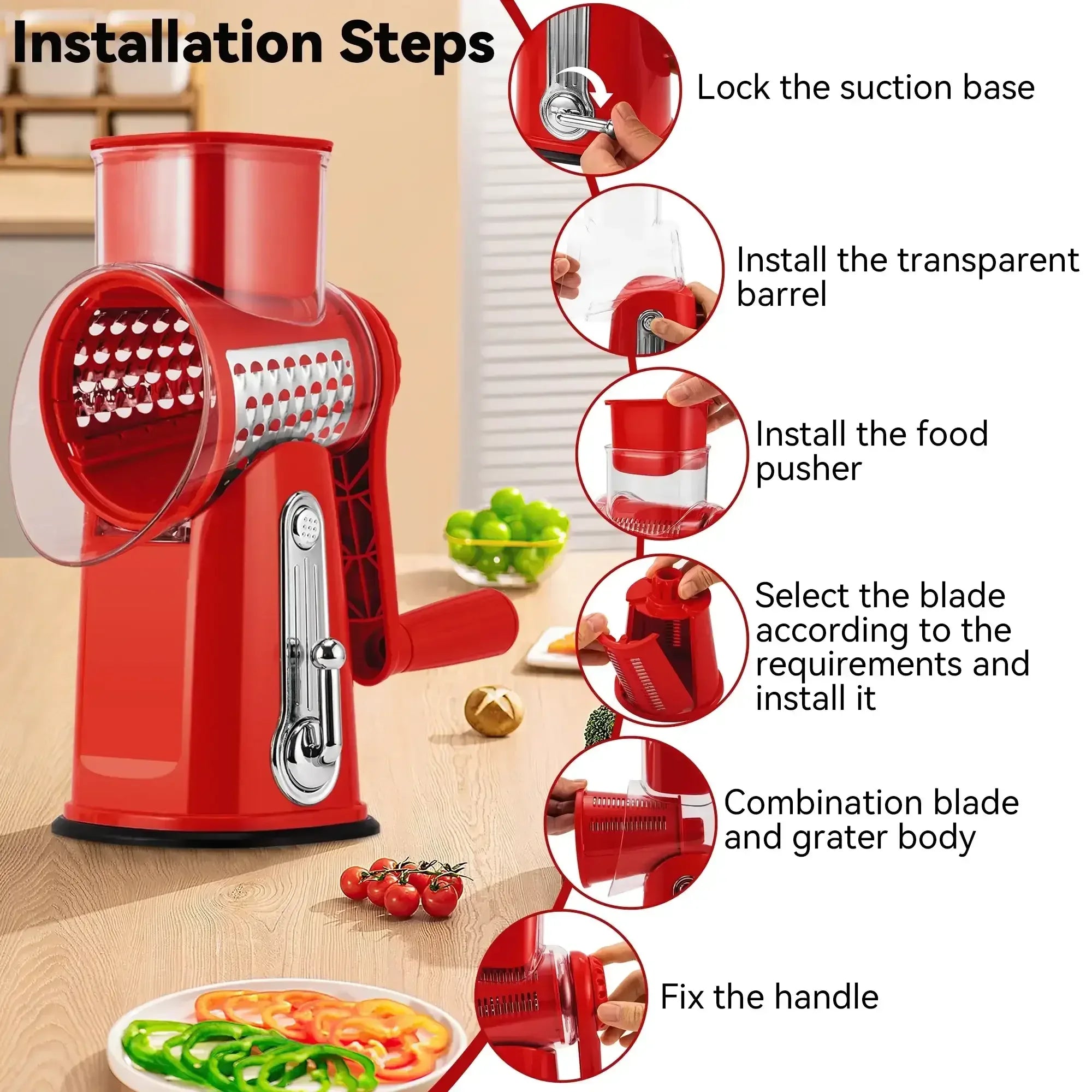 Pukomc Rotary Cheese Grater with Handle- 5 Blades, Suction Base, Mandoline Slicer & Veg Shredder with Blade Storage Box