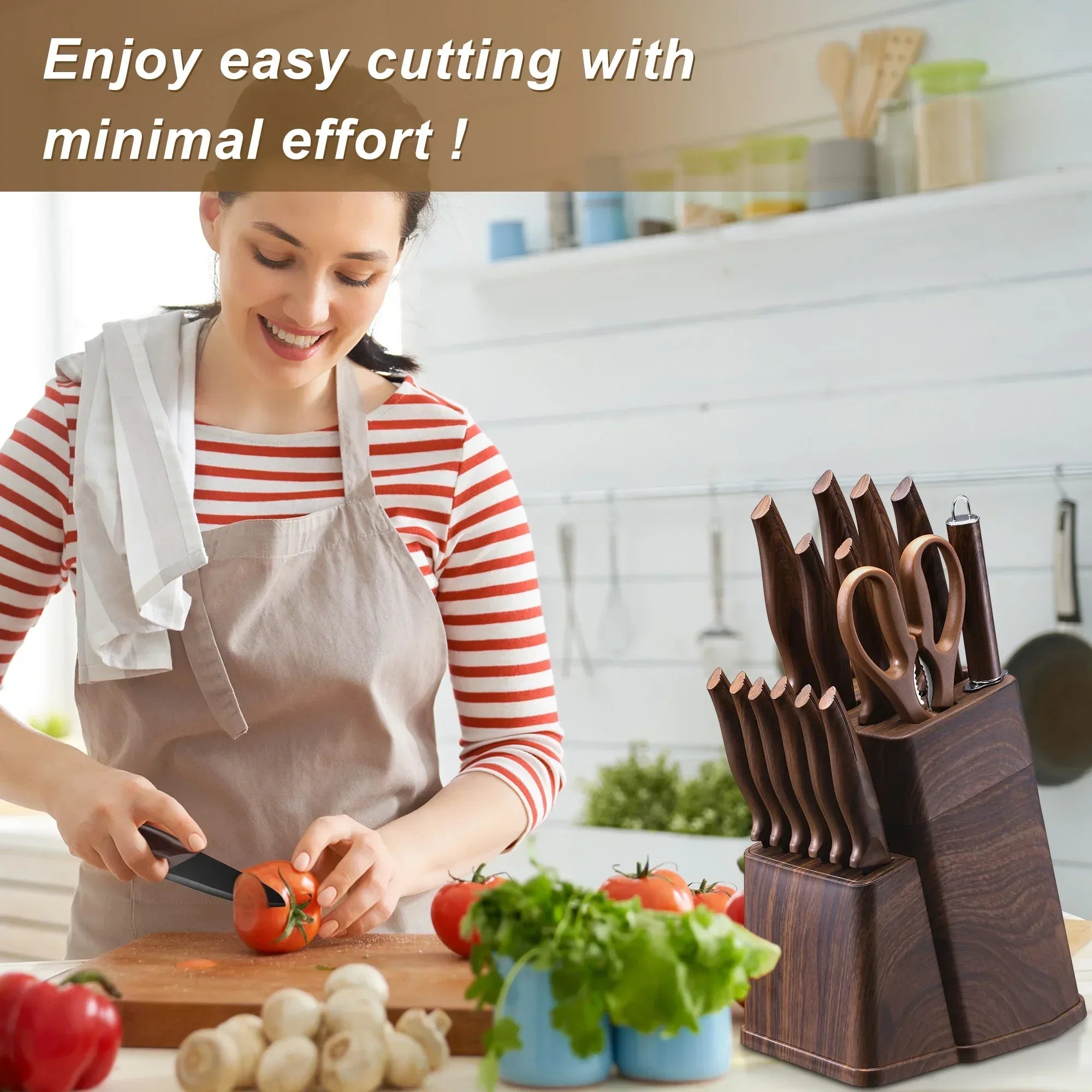 Vesteel Knife Set for Kitchen with Block, 15 Pcs High Carbon Stainless Steel Kitchen Knife Set with Self Sharpening - USA MEGA SHOP