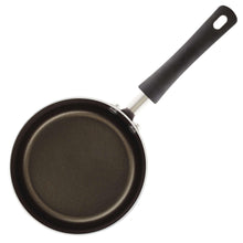 Black nonstick straining sauce pan with long handle and pour spout