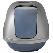 Front view of hooded enclosed cat litter pan with blue arched door and gray top cover