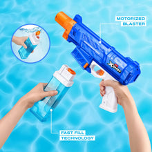 Hands holding a blue and orange motorized water blaster over pool water