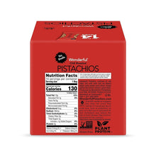 Red pistachios nutrition facts panel on no-shell chili roasted pack