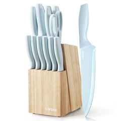 Carote 15-Piece Premium Kitchen Knife Set, Ceramic-Coated Blades with Stylish Wooden Block