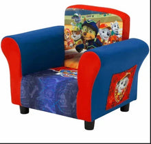 Upholstered kids chair with blue arms, red sides, and PAW Patrol side panel