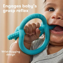 Teething ring toy with textured grip, teal-blue loop design for baby chewing
