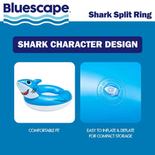 Shark split inflatable swim ring packaging with blue shark graphic and size icons