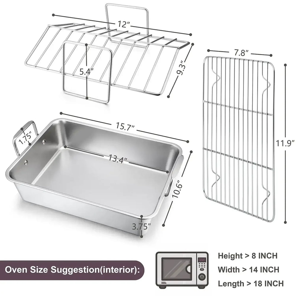Walchoice Roasting Pan with Rack Set, Stainless Steel Large Turkey Roaster with V-shaped rack & Cooling Rack for Thanksgiving, Heavy Duty & Dishwasher Safe - USA MEGA SHOP