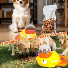 Duck-shaped dog treat dispenser toy with yellow base and orange top, shown with kibble