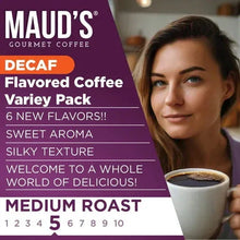 Maud's decaf flavored coffee variety pack, medium roast with tasting scale