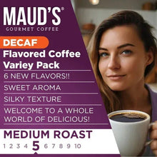 Decaf flavored coffee variety pack box showing medium roast, sweet aroma, and silky texture.