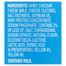 Ingredients label for cheese spray cheese, lists whey, cheddar cheese, and soy oil.