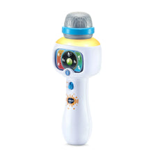 White karaoke microphone toy with yellow band and gray speaker top, front control panel