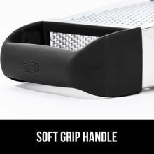 Black soft-grip handle on a stainless steel box grater base