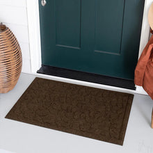 Brown leaf-vine outdoor doormat laid on porch floor, rectangular with dark border