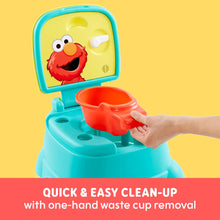 Elmo potty chair with removable red waste cup shown above the turquoise base