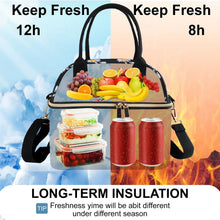 Insulated lunch bag with daisy pattern, carrying stacked containers and bottles