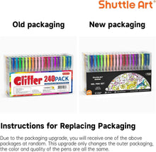 Shuttle Art gel pen set box showing old vs new packaging