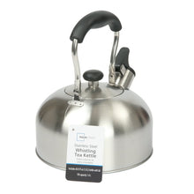 Silver stainless steel tea kettle with black handle and spout, product label on front