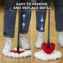 Spin mop refill with red base and white microfiber pad on floor