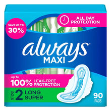 Always Maxi feminine pad box, size 2 long super, 90 count, leak-free wings