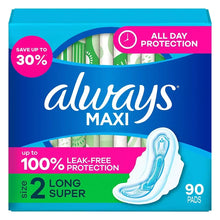 Always Maxi long feminine pads with wings, unscented, 90-count