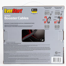 EverStart 12-foot booster cable box with red and black clamps and ground connection icons
