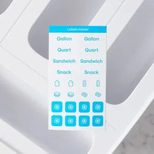 Interior label guide on bag dispenser showing gallon, quart, sandwich, and snack