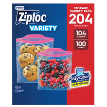Ziploc storage bag variety pack box showing 204-count storage variety.